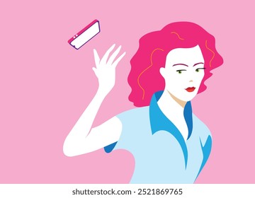 Empowered woman throws away cell phone, regardless of calls, messages or social networks. Vector drawing with copy space