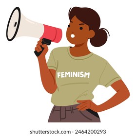 Empowered Woman Using A Megaphone To Advocate For Feminism And Equality. Black female Character Wearing A Feminism T-shirt, She Embodies Strength And Determination. Cartoon People Vector Illustration