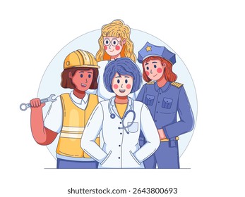 Empowered women in diverse careers—construction, medicine, law, and education—stand proud in work attire, celebrating leadership, progress, and gender equality.