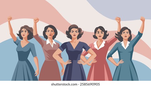 Empowered women with raised hands in protest. Feminism and equality concept.  Banner, poster, trendy illustration