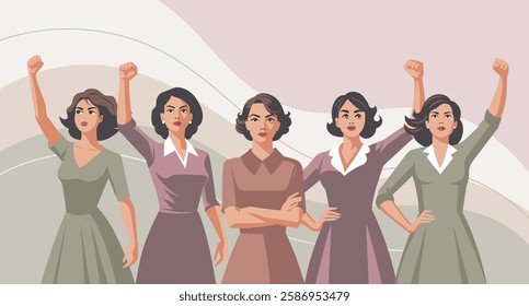 Empowered women with raised hands in protest. Feminism and equality concept. Banner, trendy illustration