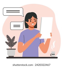 Empowered working woman reading a letter, happy and engaged in learning, teaching or studying at home. Vector illustration in a cartoon style.