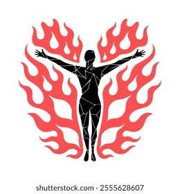 Empowering Art in Vector Style - Red Flames and Bold Silhouette in Phoenix Transformation