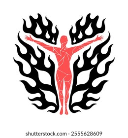 Empowering Art in Vector Style - Red Flames and Bold Silhouette in Phoenix Transformation