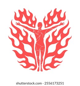 Empowering Art in Vector Style - Red Flames and Bold Silhouette in Phoenix Transformation