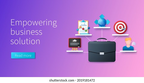 Empowering business banner. Suitcase, blackboard, graph, target icons. Financial concept. Web vector illustration in 3D style