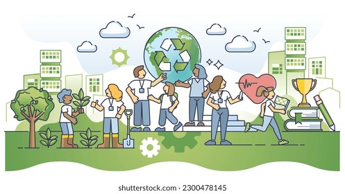 Empowering communities through education and outreach outline concept. Inform and teach children to be active, healthy, with nature friendly lifestyle and sustainable thinking vector illustration.