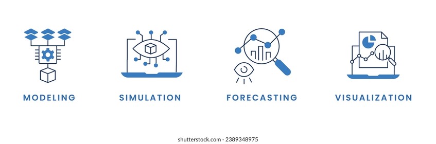 Empowering Decisions. Modeling, Visualization, Simulation, Forecasting. Data Driven Decision Making. A Comprehensive Toolkit. Vector Editable Stroke and Colors.