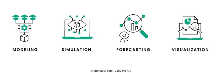 Potenciación de las decisiones. Modelización, visualización, simulación, previsión. Toma De Decisiones Basada En Datos. Un kit de herramientas integral. Trazo y colores modificables por vectores.