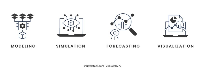 Potenciación de las decisiones. Modelización, visualización, simulación, previsión. Toma De Decisiones Basada En Datos. Un kit de herramientas integral. Trazo y colores modificables por vectores.