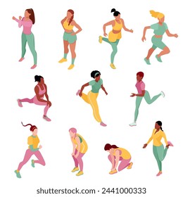 Empoderando la diversidad - Ilustración vectorial isométrica de mujeres en varias posturas de carrera para entusiastas del fitness y el deporte, ideal para el diseño web, blogs de salud y promociones atléticas