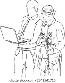 Empowering Farmers: Agricultural Scientist Assisting Rural Growers, Digital Farming Solutions: Cartoon Outline of Scientist and Laptop