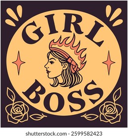 Empowering "Girl Boss" t-shirt design with a strong female illustration, crown, and floral elements, celebrating women in leadership.