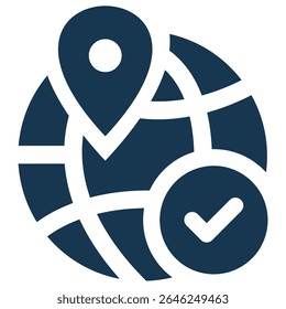 Empowering Global Logistics and Delivery Completion Icon Showcasing a World Map with a Precise Location Pin and Affirmative Checkmark, Clearly Signifying Successfully Completed International Shipments