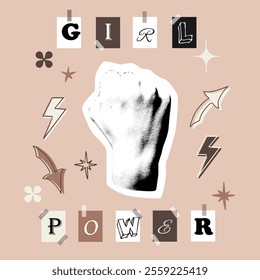 Empowering graphic collage with raised fist, Girl Power creative lettering and decorative element like stars, lightning bolts, and arrows in modern, retro inspired style. Vector greeting card