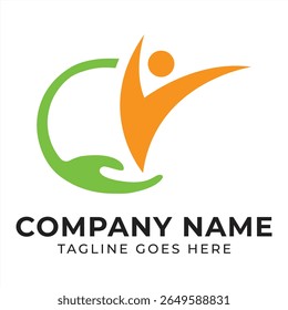 Empowering Healthcare Logo Depicting Support and Vitality with Green Hand and Joyful Orange Figure Celebrating Wellbeing