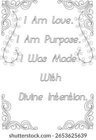 Empowering 'I Am' affirmations in elegant black and white line art, promoting self-love, purpose, and divine connection for wellness.