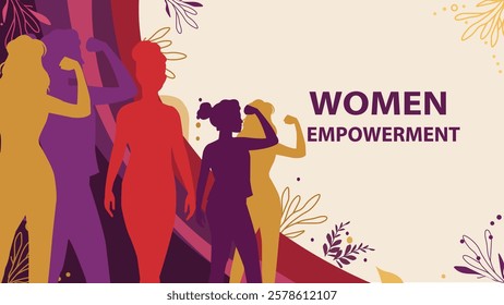 An empowering illustration for Women’s Day showing diverse women in strong poses, symbolizing resilience, empowerment, and the strength of women standing together for equality and progress