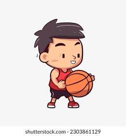 Empowering Kids through Sports, Flat Style Cartoon Vector of a Little Boy Playing Basketball