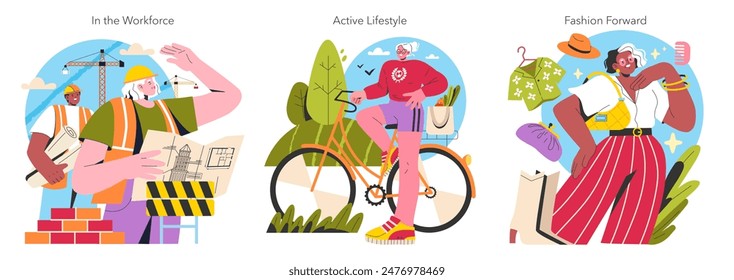 Empowering Older Women set. Celebrating the involvement of senior women in the workforce, active lifestyles, and fashion. Fostering diverse age representation. Vector illustration.