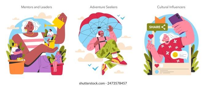 Empowering Older Women set. Illustrations show seniors as mentors, adventurers, and influencers. Active, engaged, and tech-savvy aging. Vector illustration.