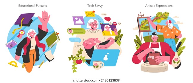 Empowering Older Women set. Lifelong learning, digital literacy, and creative hobbies. Celebrating active senior lifestyles. Vector illustration.