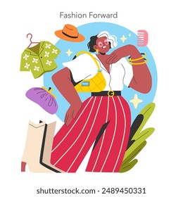 Empowering older women through fashion, showcasing a stylish lady confidently dressed with vibrant accessories. Vector illustration.