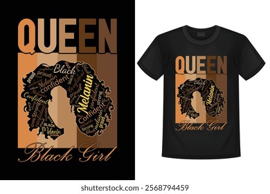 Empowering 'Queen' design featuring afro silhouette with words like 'Melanin' and 'Black Girl' in celebrating Black beauty, pride, and confidence. Perfect for cultural and motivational themes.