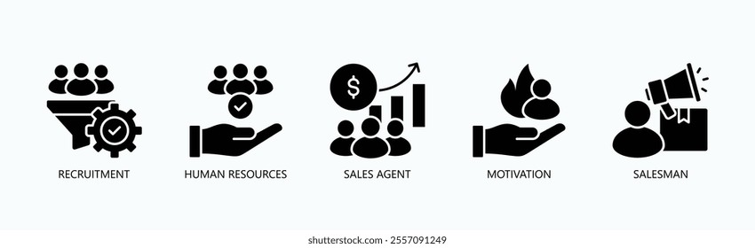 Empowering Sales And Talent Through Human Resources And Motivation Icon Set Vector Illustration Concept With Icon Of Recruitment, Human Resources, Sales Agent, Motivation, Salesman In Glyph Style