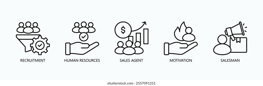 Empowering Sales And Talent Through Human Resources And Motivation Icon Set Vector Illustration Concept With Icon Of Recruitment, Human Resources, Sales Agent, Motivation, Salesman In Outline Style