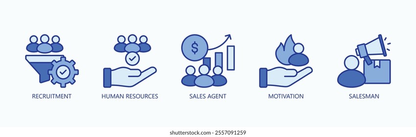 Empowering Sales And Talent Through Human Resources And Motivation Icon Set Vector Illustration Concept With Icon Of Recruitment, Human Resources, Sales Agent, Motivation, Salesman In Blue Style