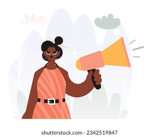 Empoderando las voces en activismo, Entusiasmada mujer con bullhorn, contradicen este pensamiento del mitin Asunto. Estilo de moda, Ilustración vectorial