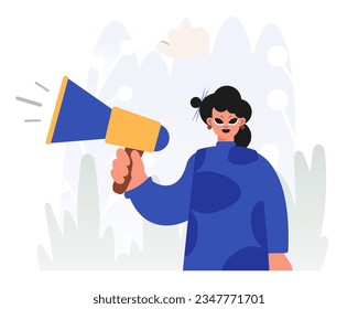 Empowering Voices in Activism, Youthful woman with Bullhorn, Disagree Rally Subject. Trendy style, Vector Illustration