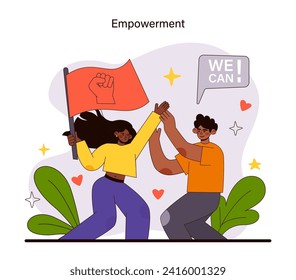 Empowerment concept. Individuals unite in a high-five, beneath symbols of strength and capability. Celebrating self-confidence and communal support. Victory and advocacy energy. Flat vector .