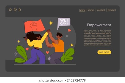 Empowerment concept. Individuals unite in a high-five, beneath symbols of strength and capability. Celebrating self-confidence and communal support. Victory and advocacy energy. Flat vector