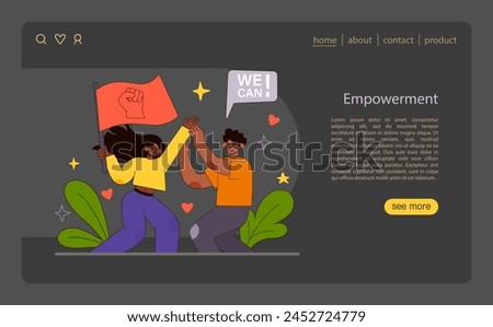 Empowerment concept. Individuals unite in a high-five, beneath symbols of strength and capability. Celebrating self-confidence and communal support. Victory and advocacy energy. Flat vector