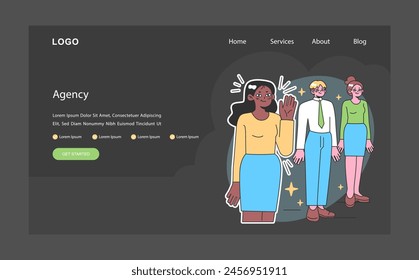 Empowerment dark or night mode web, landing. Group of diverse office characters, project team. Personal agency and collective strength. Corporate culture, individual voice. Flat vector illustration.