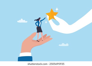 Empowerment or encouragement to help employee reach career success, woman leadership, support or help for work achievement, reward or job promotion concept, helping hand help businesswoman reach star.