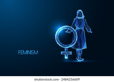 Empowerment, feminism, women power futuristic concept with woman silhouette from the back with feminine symbol on dark blue background. Glowing low polygonal style. Modern abstract vector illustration