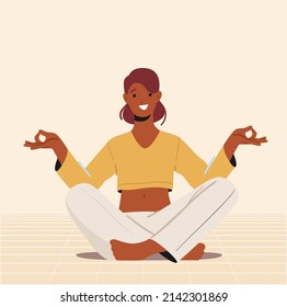 Empowerment, Healthy Lifestyle, Relaxation, Balance or Harmony Concept. Calm Woman Practice Yoga Meditation in Hall. Lotus Pose for Less Stress and Reaching Nirvana or Zen. Cartoon Vector Illustration