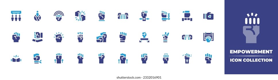 Empowerment icon collection. Duotone color. Vector illustration. Containing protest, woman, fist, hand gesture, black lives matter, slavery, freedom, quit smoking, willpower, power, labour day, hand.