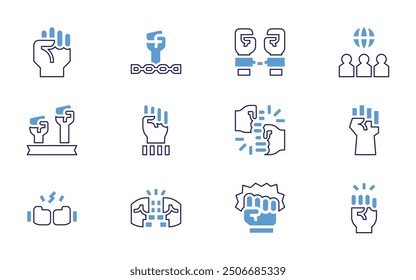 Empowerment icon set. Bold line style. Duotone colors. Editable stroke. fist, fight, freedom, hand gesture, fists, fist bump, energy, punch, movement, human rights.