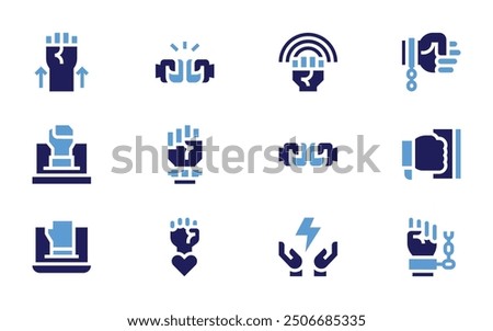 Empowerment icon set. Bold style. Duotone colors. empowerment, freedom, fist, fist bump, energy, slave, punch, friendship.