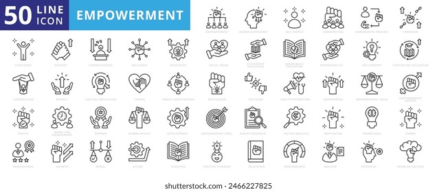 Empowerment icon set with degree autonomy, self people, communities, process, stronger, confident, rights and controlling.