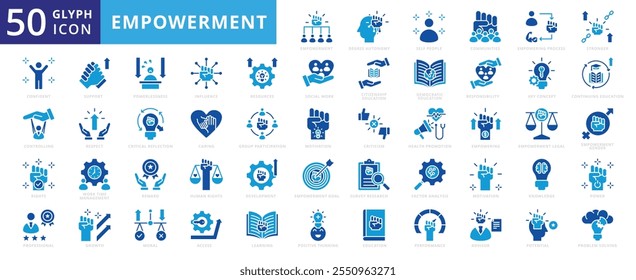 Empowerment icon set of education, growth, learning, support, knowledge, motivation, power, development, legal, process, goal, rights, resources, performance, positive thinking, problem solving, moral