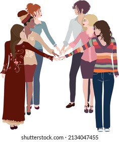 Empowerment. Isolated group multicultural women with outstretched arm and hand as a sign of self-confidence and self-awareness. Female social network community. Racial equality. Allyship.rtfd