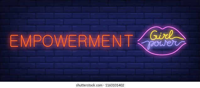 Empowerment neon sign. Girl power text in lips shaped frame on brick wall background. Vector illustration in neon style for gender equality or feminism