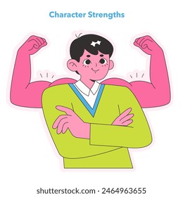 Empowerment in pink and green, a figure embodies the essence of Character Strengths with confidence and poise. Ideal for themes on personal growth and self-improvement. Vector illustration.