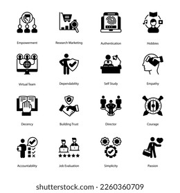 Empowerment, Research Marketing, Authentication, Hobbies, Virtual Team, Dependability, Self Study, Empathy, Decency, Building Trust, Director, Glyph Icons - Solid, Vectors