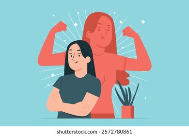 Empowerment and Self-Confidence Illustration of a woman with a strong inner self, representing self-belief, empowerment, and personal growth.